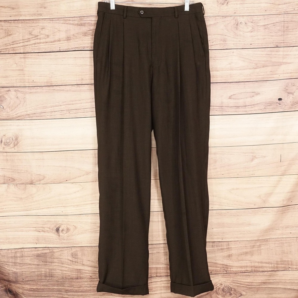 Stafford Dress Pants Mens 32x32 (34x34) Brown Pleated Cuffed Microfiber